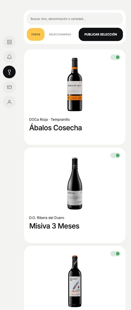 Selección de vinos del panel de control