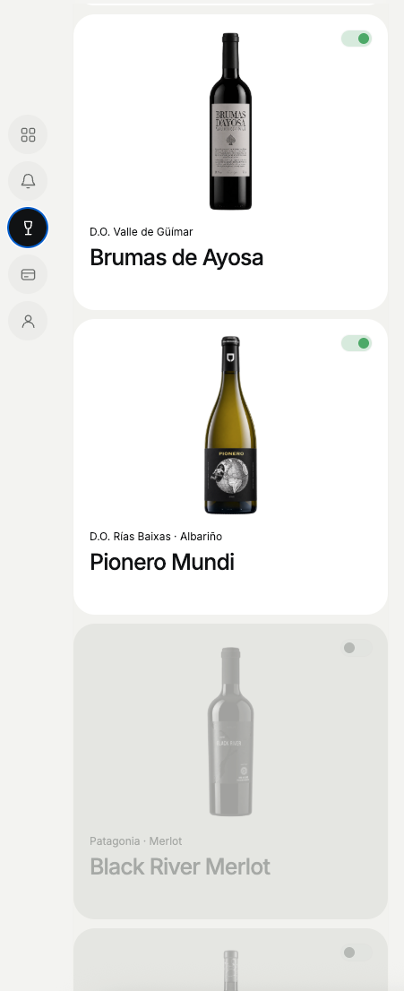 Gestión de vinos activos e inactivos